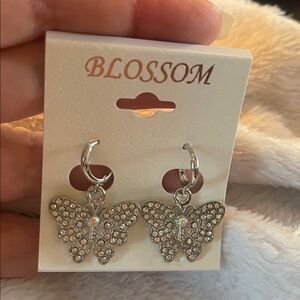 Blossom Silver Butterfly Earrings rhinestone dangle nwt